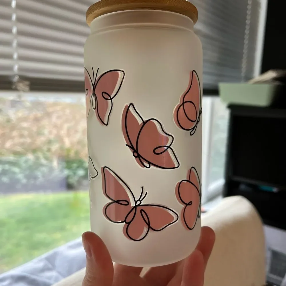Butterfly Frosted Glass Cup with Bamboo Lid‎ NEW 16 oz